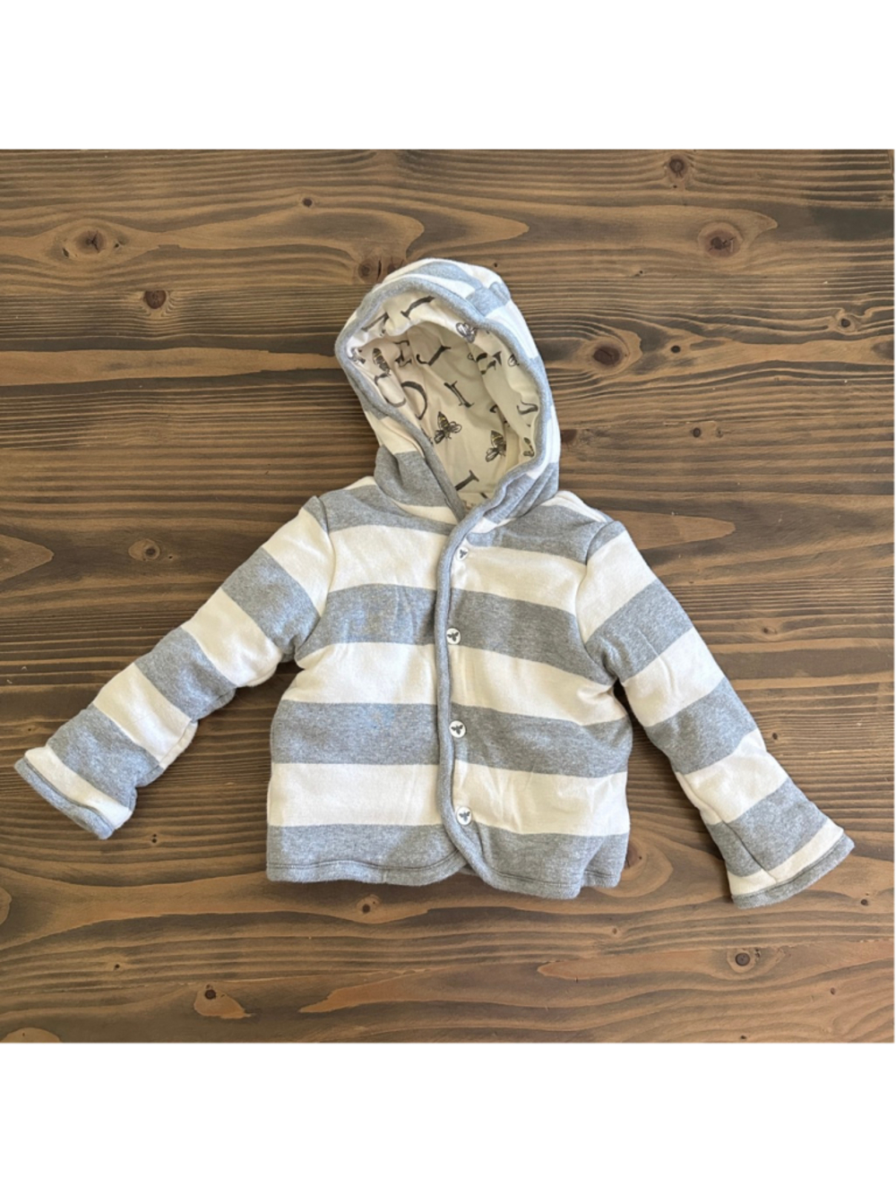 Baby Burt's Bees Hooded Jacket 0-3M White Gray Striped Organic Cotton Thick